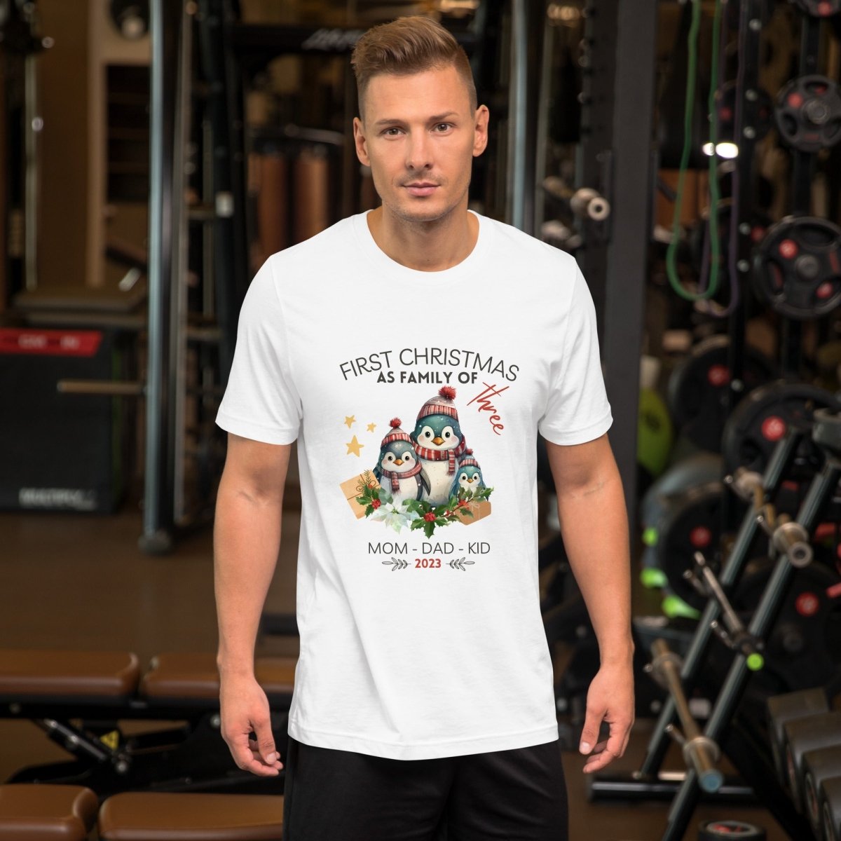 First Christmas as Family of Three - Personalised High Quality Unisex T-Shirt, Cute Custom Tee, First Holiday with Child, Matching Shirt - Everything Pixel