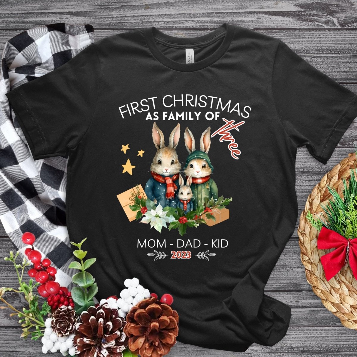 First Christmas as Family of Three - Personalised High Quality Unisex T-Shirt, Cute Custom Tee, First Holiday with Child, Matching Shirt - Everything Pixel