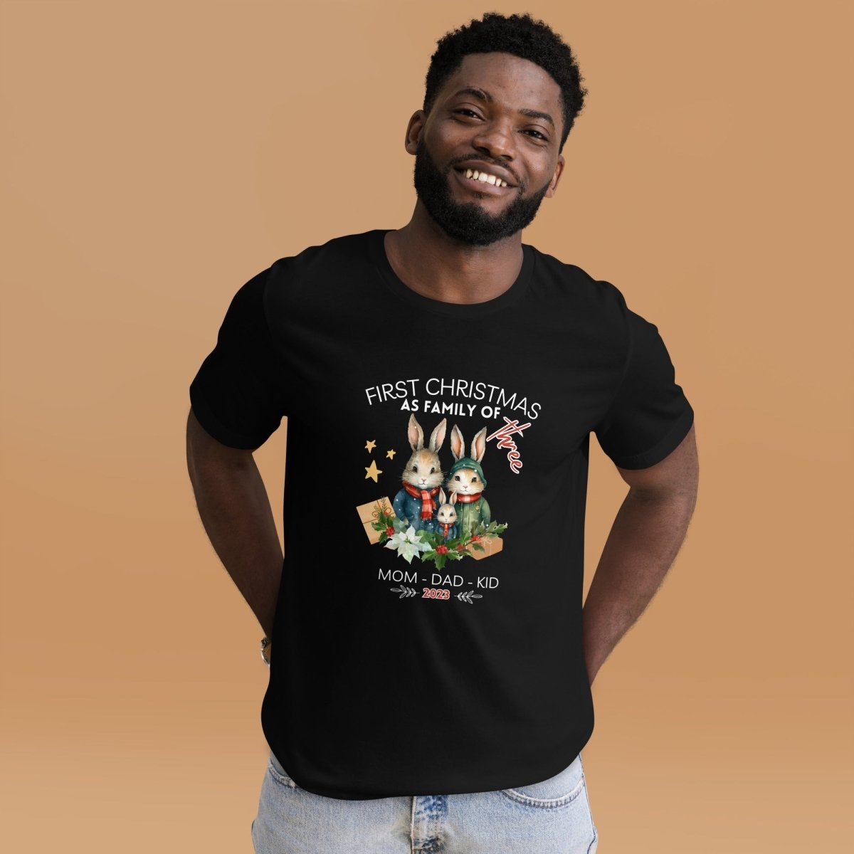 First Christmas as Family of Three - Personalised High Quality Unisex T-Shirt, Cute Custom Tee, First Holiday with Child, Matching Shirt - Everything Pixel