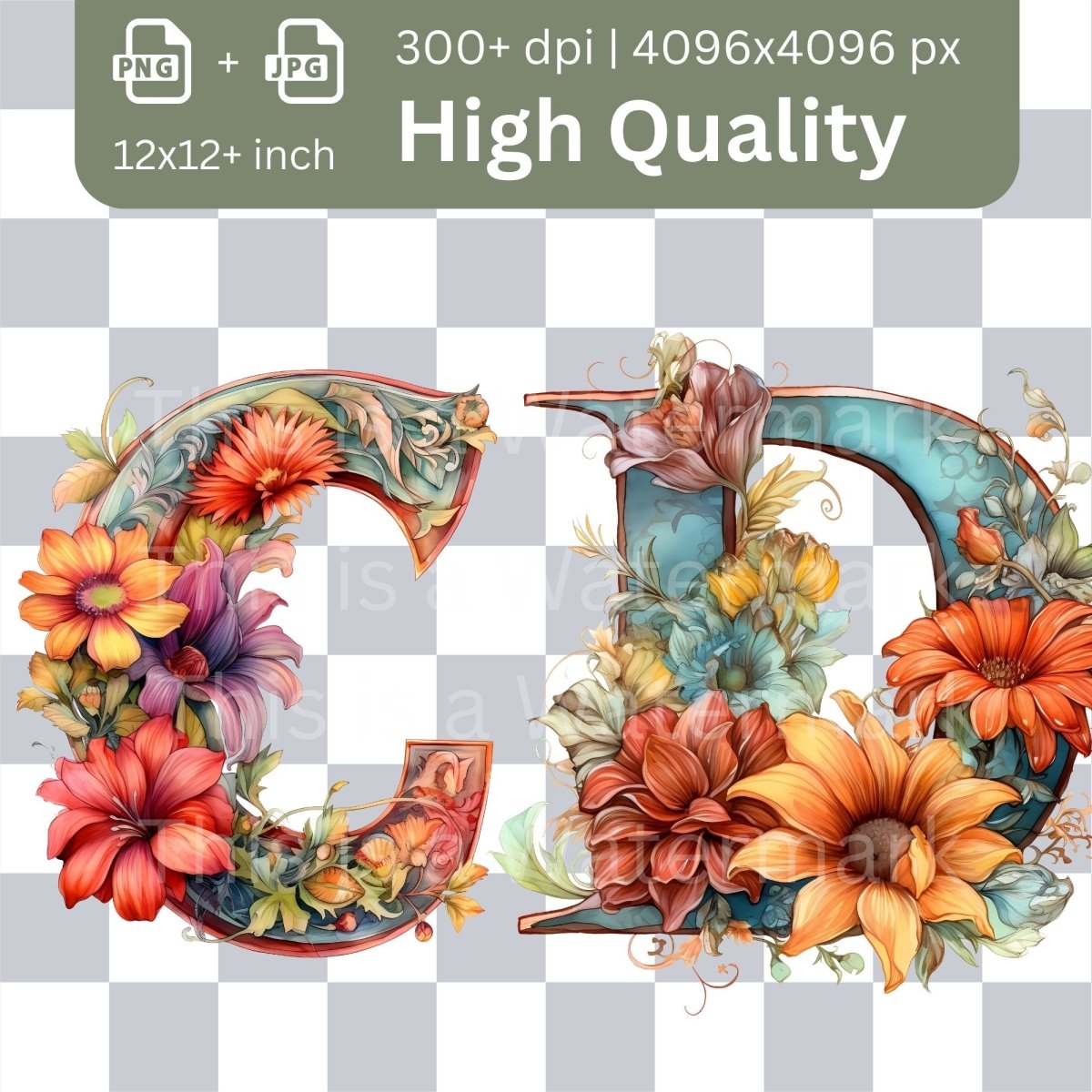 Floral Alphabet 26x PNG Clip Art Bundle Fancy Letters for Invitation Cards Boho Style Floral Font Full English Alphabet Initials Clipart - Everything Pixel