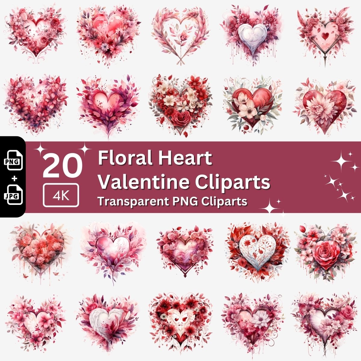 Floral Heart Cliparts 20 PNG Bundle Romantic Heart Graphic Valentines Day Set Card Crafting Junk Journal Kit Cute Love Images - Everything Pixel