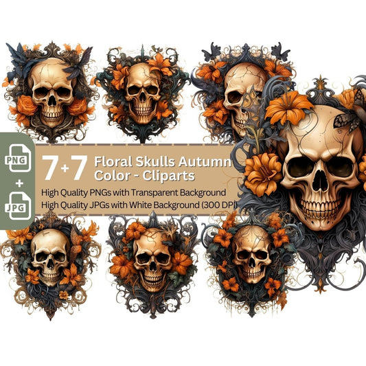Floral Skulls 7+7 PNG Clip Art Bundle Halloween Autumn Color - Everything Pixel