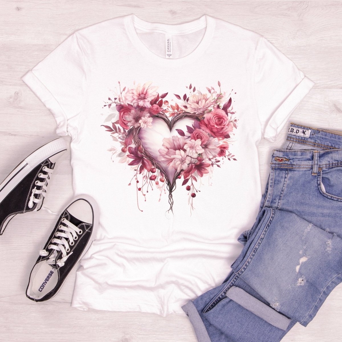 Flower Heart T-Shirt High Quality Floral Heart Valentines Day Shirt Love Gift for Her Love Tee Anniversary Shirt Cute Heart Tee Love Shirt - Everything Pixel