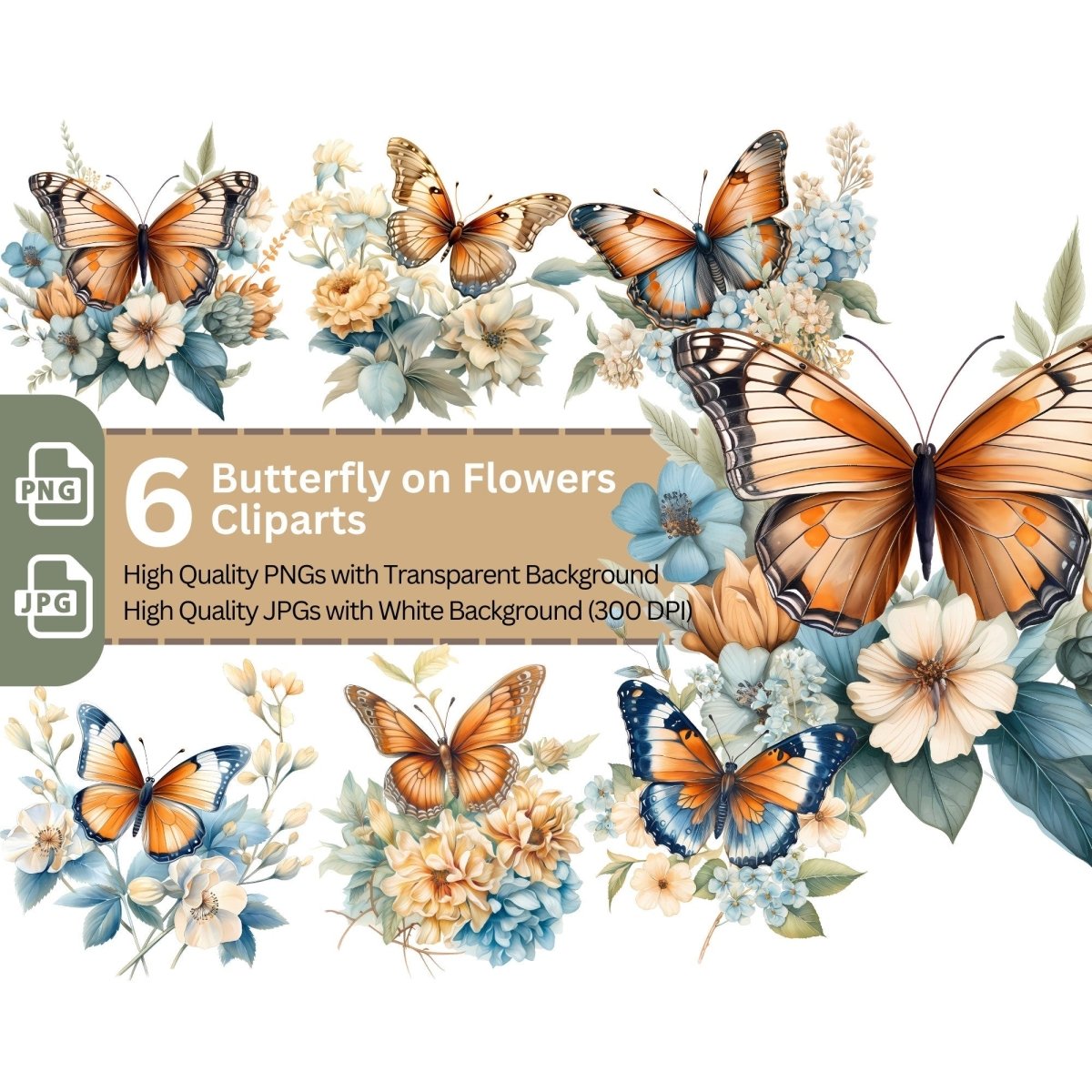 Flowers Butterfly Clipart 6+6 High Quality PNGs Nursery Art Watercolor Sublimation Clipart - Everything Pixel
