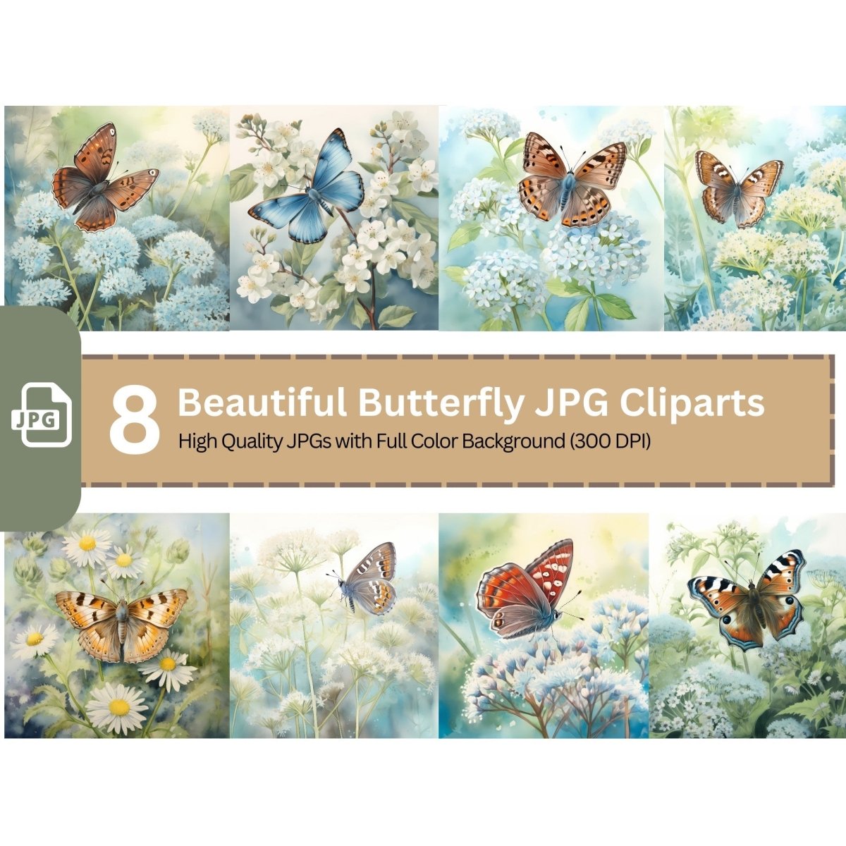Flowers Butterfly Clipart 8 High Quality JPGs Nursery Art Watercolor Sublimation Clipart - Everything Pixel
