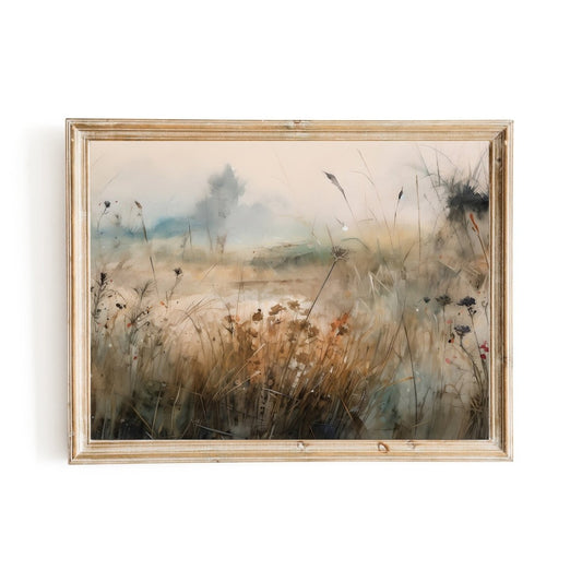Foggy Morning Meadow Art Impressionistic Wildflower Print Serene Nature Painting - Everything Pixel