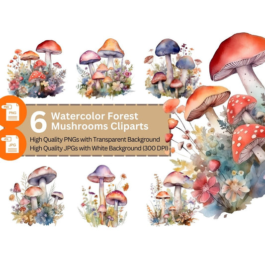 Forest Mushrooms with Flowers 6+6 PNG Bundle for Sublimation & Clipart - Everything Pixel