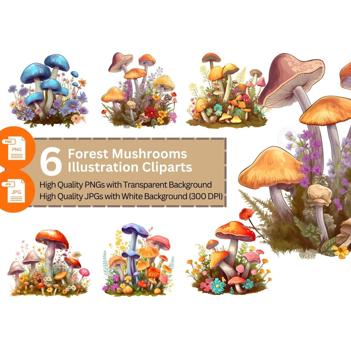Forest Mushrooms with Flowers 6+6 PNG Bundle for Sublimation & Clipart - Everything Pixel