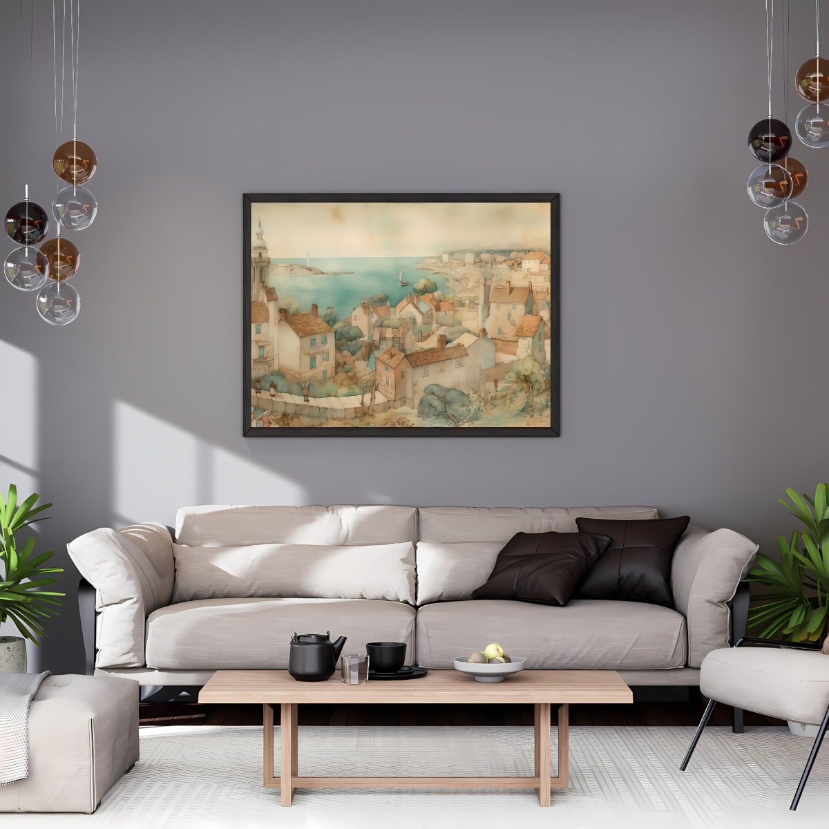 French Coastal Town Watercolor Paper Poster Prints Painting Pastel Colors, Seaside Village, Rustic Home Decor Art, Seaside Landscape, Farmhouse Decor - Everything Pixel