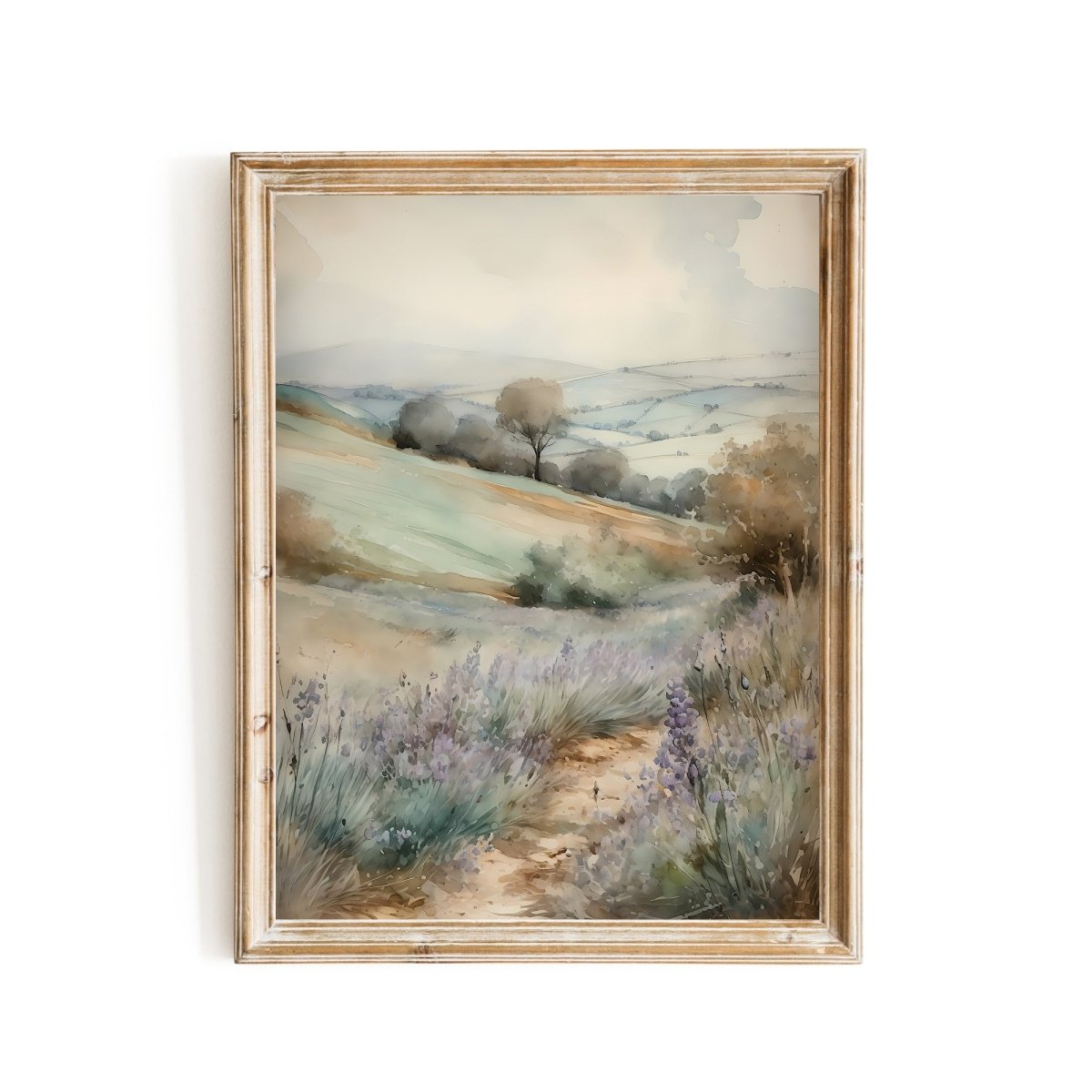 French Lavender Meadow Watercolor Wall Art French Valley and Rolling Hills - Everything Pixel