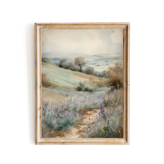 French Lavender Meadow Watercolor Wall Art French Valley and Rolling Hills - Everything Pixel