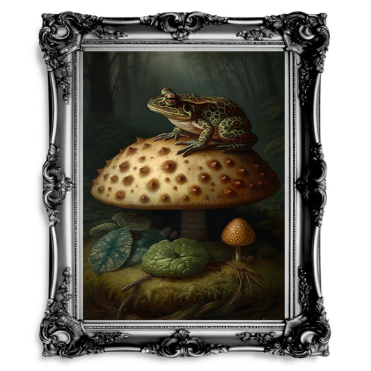 Frog on Mushroom Dark Academia Goblincore Vintage Botanical Witchy Cottagecore Poster - Everything Pixel