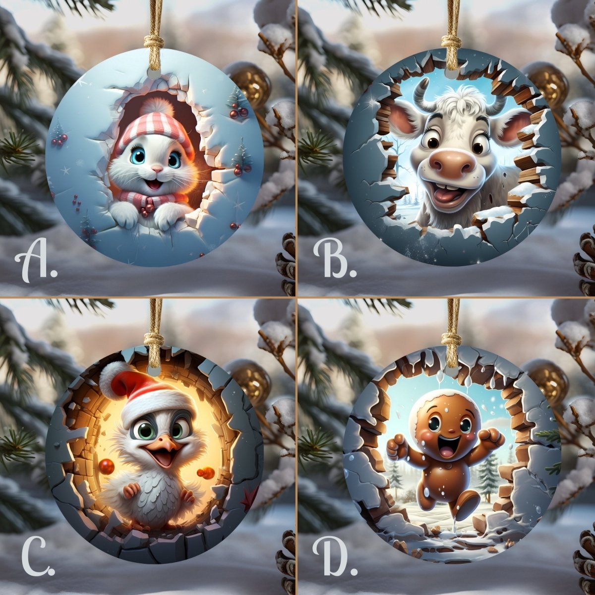 Funny Christmas Ornaments Set of 20 Round Ceramic Ornaments Cute Characters 3D Break Through Wall Style Festive Christmas Tree Decoration - Everything Pixel