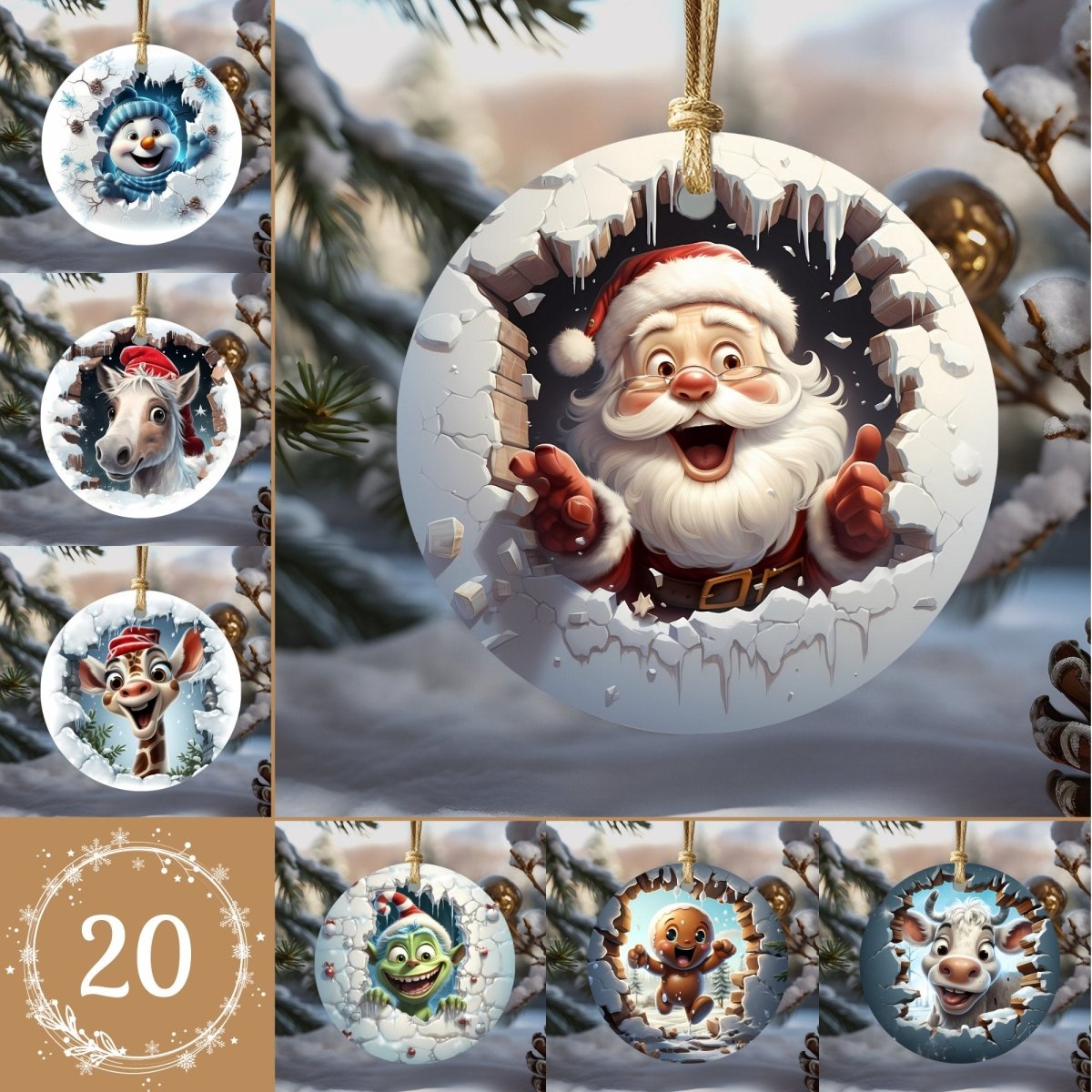 Funny Christmas Ornaments Set of 20 Round Ceramic Ornaments Cute Characters 3D Break Through Wall Style Festive Christmas Tree Decoration - Everything Pixel