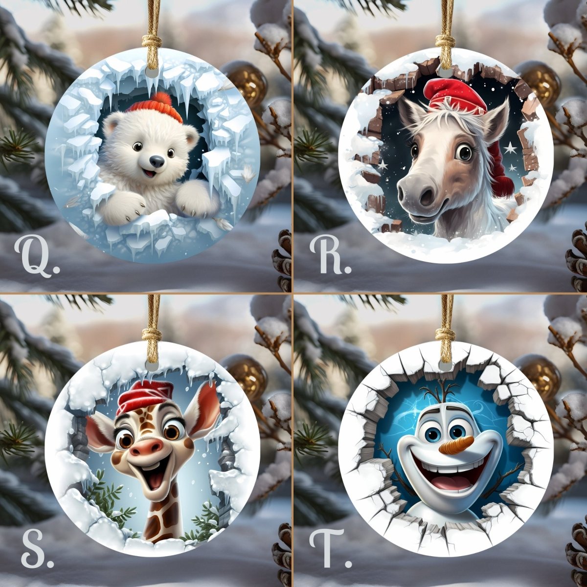 Funny Christmas Ornaments Set of 20 Round Ceramic Ornaments Cute Characters 3D Break Through Wall Style Festive Christmas Tree Decoration - Everything Pixel