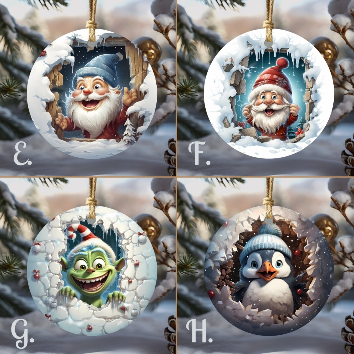 Funny Christmas Ornaments Set of 20 Round Ceramic Ornaments Cute Characters 3D Break Through Wall Style Festive Christmas Tree Decoration - Everything Pixel
