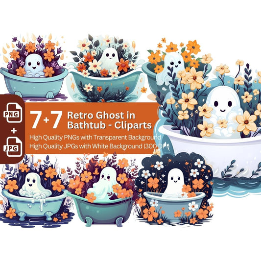Ghost in Bathtub Clipart 7+7 PNG Bundle Halloween - Everything Pixel
