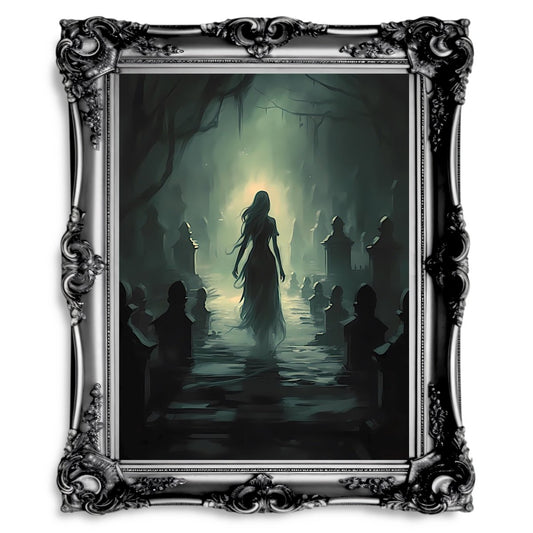 Ghost of a Girl at Graveyard Dark Spooky Fantasy Poster Dark Academia Dark Cottagecore - Everything Pixel
