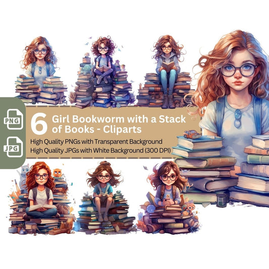 Girl learning on a Stack of Books 6+6 PNG Clip Art Bundle for Book Lovers - Everything Pixel