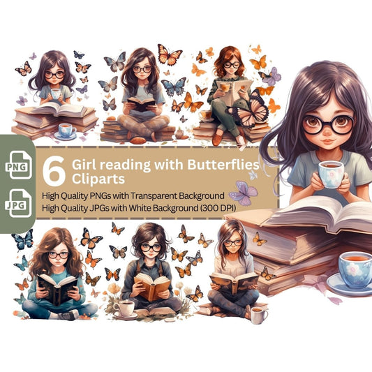 Girl reading with Butterflies 6+6 PNG Clip Art Bundle for Book Lovers - Everything Pixel