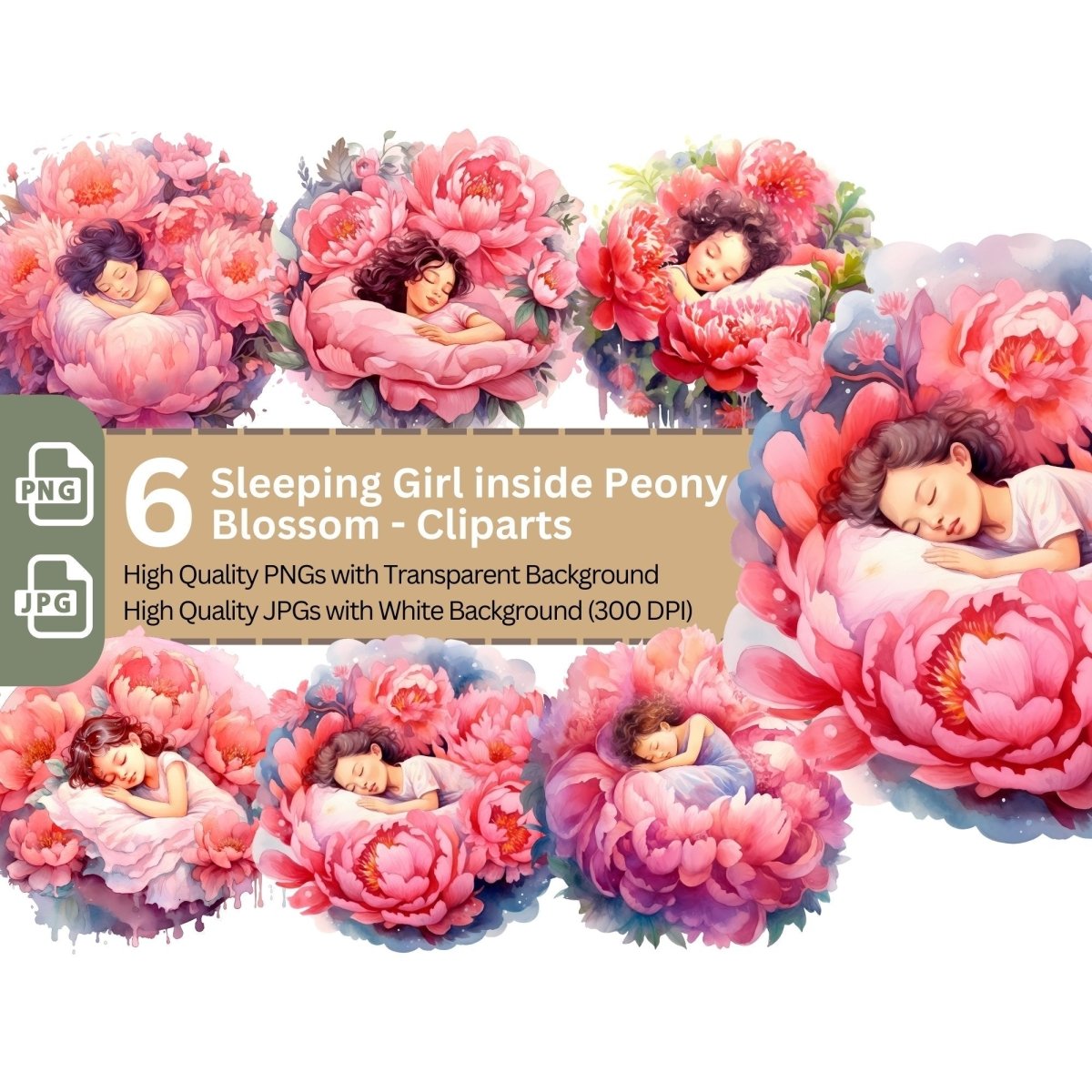 Girl sleeping inside Peony 6+6 PNG Clip Art Bundle - Everything Pixel