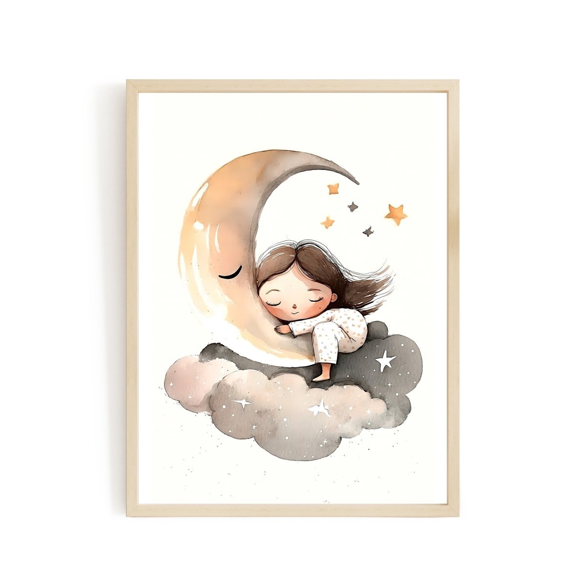 Girl sleeping moon stars wall art nursery moon clouds stars printing - Everything Pixel