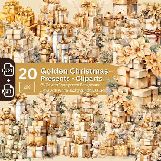 Golden Christmas Presents Cliparts 20x PNG Bundle Festive Advent Clipart Card Making Digital Paper Craft Winter Holiday Junk Journal Kit - Everything Pixel