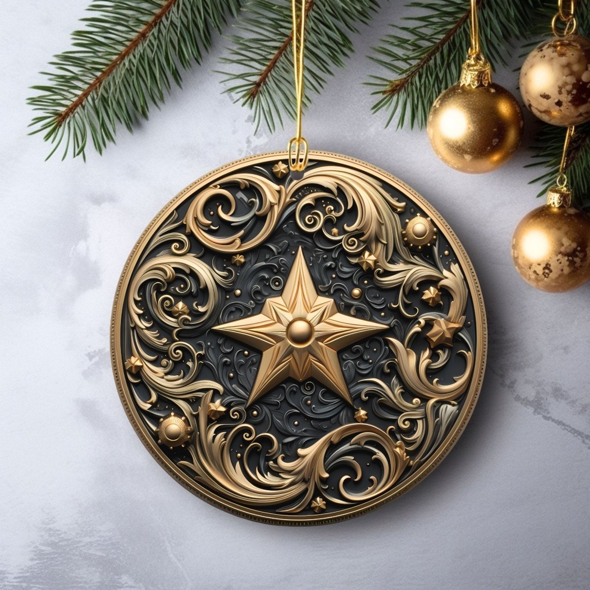 Golden Ornaments Set of 20 Round Ceramic Ornaments Gold Metallic 3D Style Print on Ornament (no Relief) Festive Christmas Tree Decoration - Everything Pixel