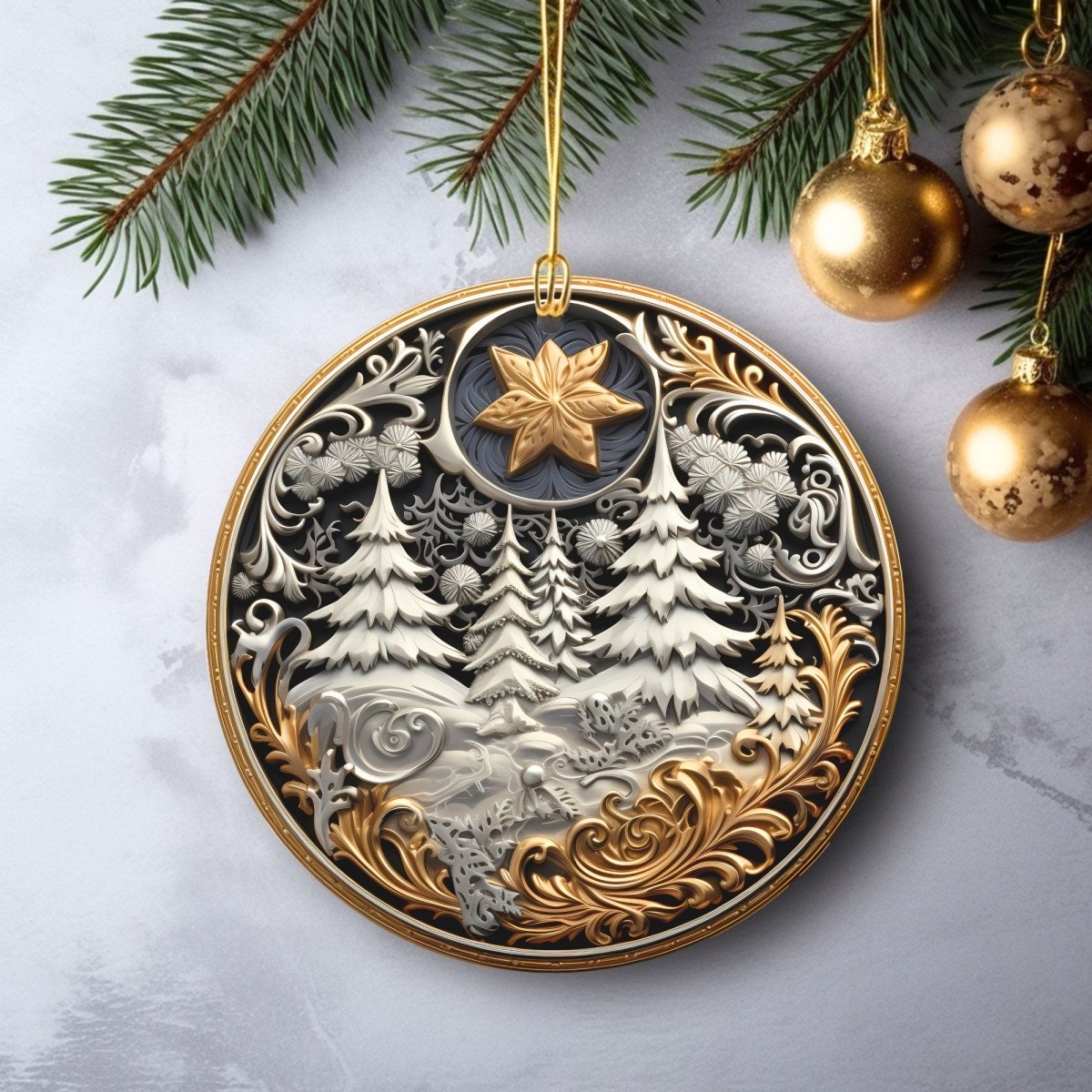 Golden Ornaments Set of 20 Round Ceramic Ornaments Gold Metallic 3D Style Print on Ornament (no Relief) Festive Christmas Tree Decoration - Everything Pixel