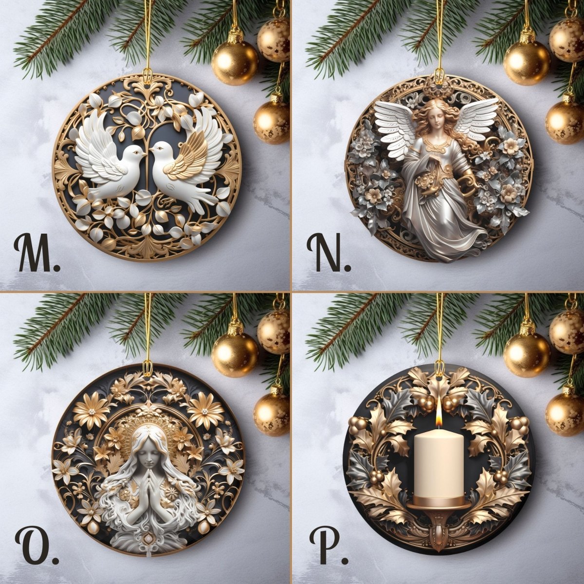 Golden Ornaments Set of 20 Round Ceramic Ornaments Gold Metallic 3D Style Print on Ornament (no Relief) Festive Christmas Tree Decoration - Everything Pixel