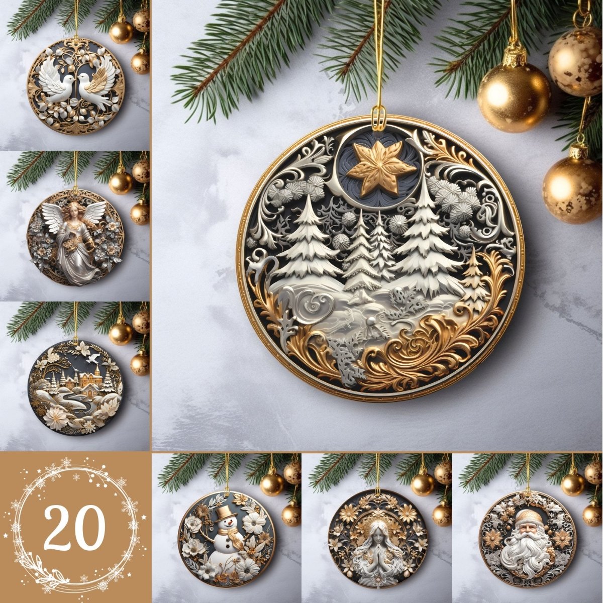 Golden Ornaments Set of 20 Round Ceramic Ornaments Gold Metallic 3D Style Print on Ornament (no Relief) Festive Christmas Tree Decoration - Everything Pixel