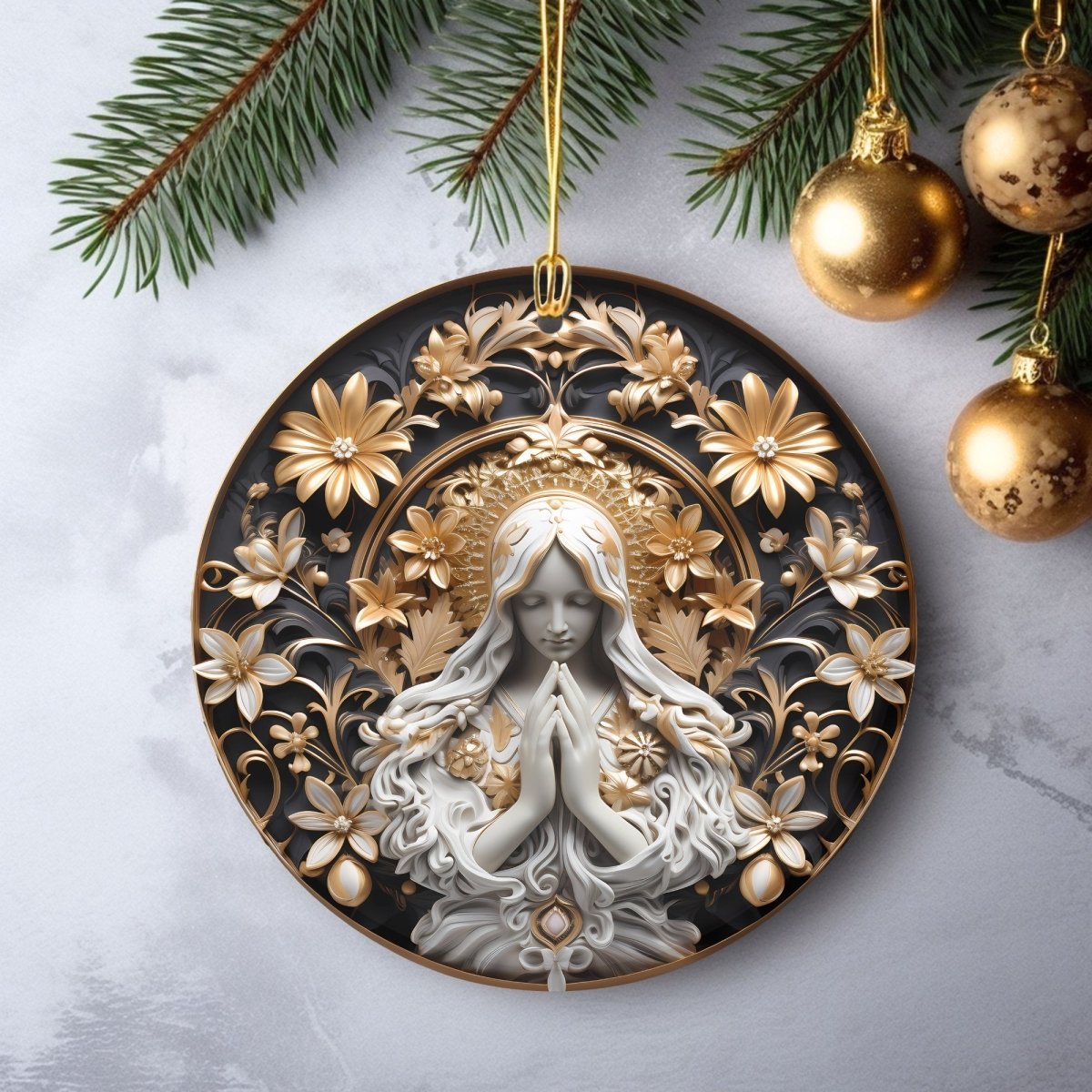 Golden Ornaments Set of 20 Round Ceramic Ornaments Gold Metallic 3D Style Print on Ornament (no Relief) Festive Christmas Tree Decoration - Everything Pixel