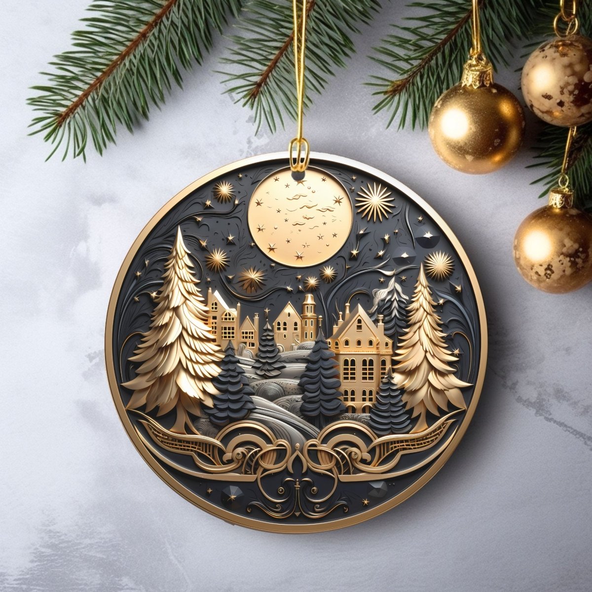 Golden Ornaments Set of 20 Round Ceramic Ornaments Gold Metallic 3D Style Print on Ornament (no Relief) Festive Christmas Tree Decoration - Everything Pixel