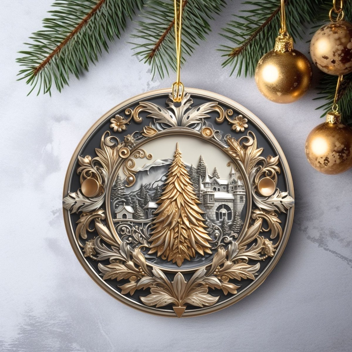 Golden Ornaments Set of 20 Round Ceramic Ornaments Gold Metallic 3D Style Print on Ornament (no Relief) Festive Christmas Tree Decoration - Everything Pixel