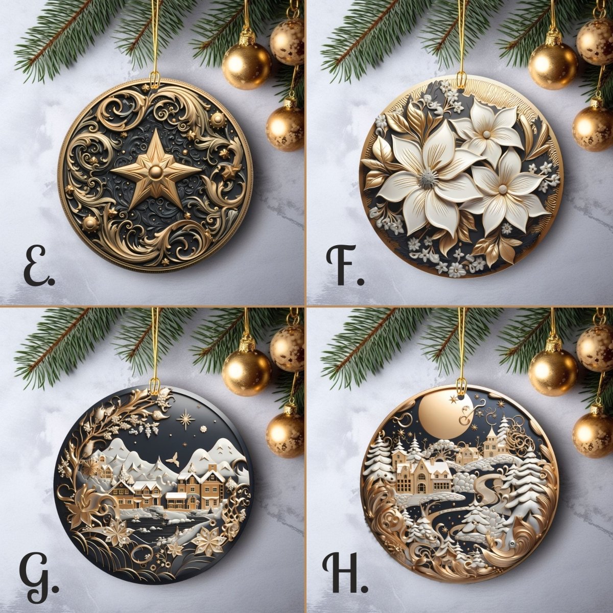 Golden Ornaments Set of 20 Round Ceramic Ornaments Gold Metallic 3D Style Print on Ornament (no Relief) Festive Christmas Tree Decoration - Everything Pixel