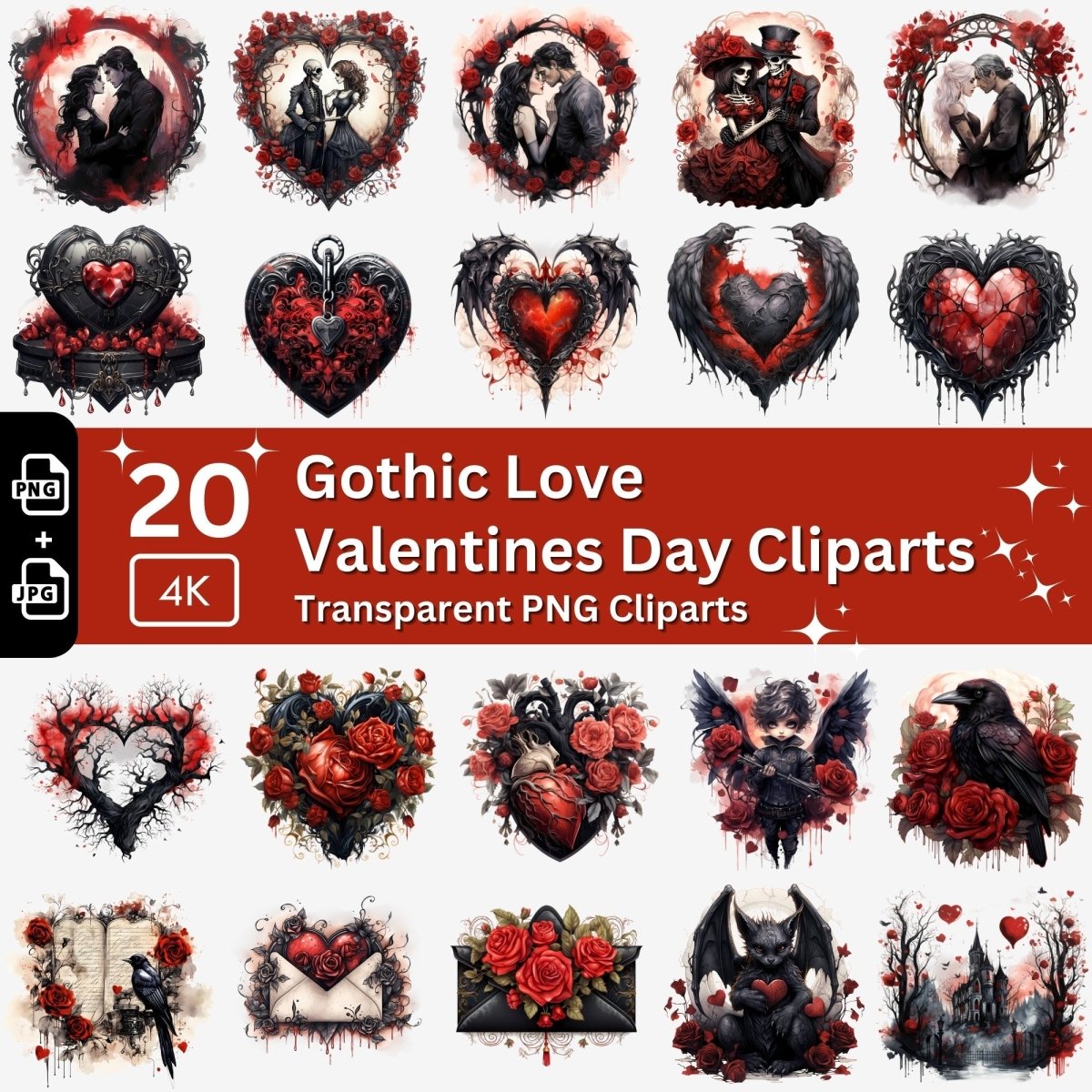 Gothic Love Cliparts 20 PNG Bundle Romantic Valentines Day Set Gothic Clipart Card Crafting Junk Journal Kit Romantic Vampire Couple - Everything Pixel