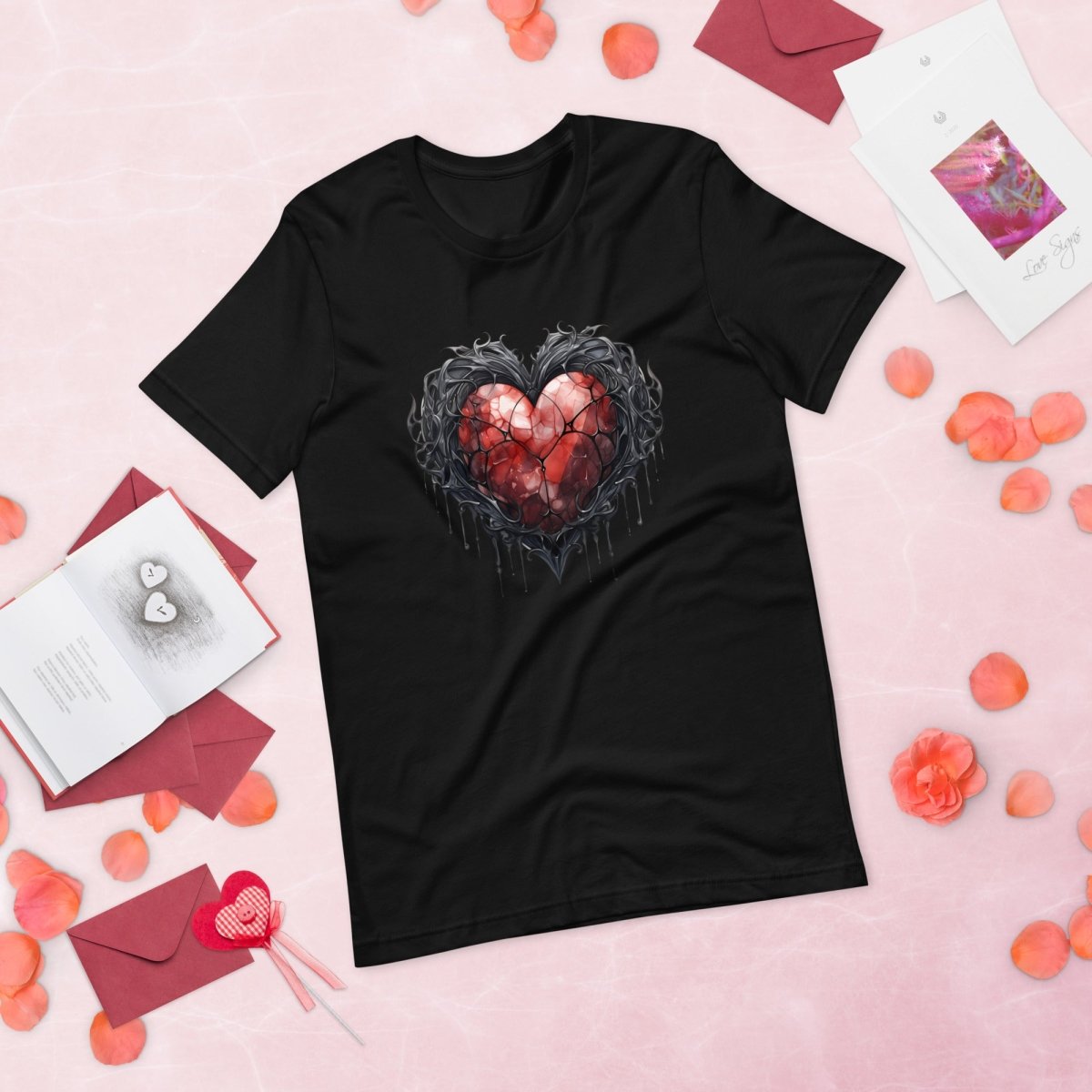 Gothic Metal Heart T-Shirt High Quality Rose Heart Valentines Day Shirt Love Gift for Her Love Tee Gothic Heart Tee Love Shirt Dark Love - Everything Pixel