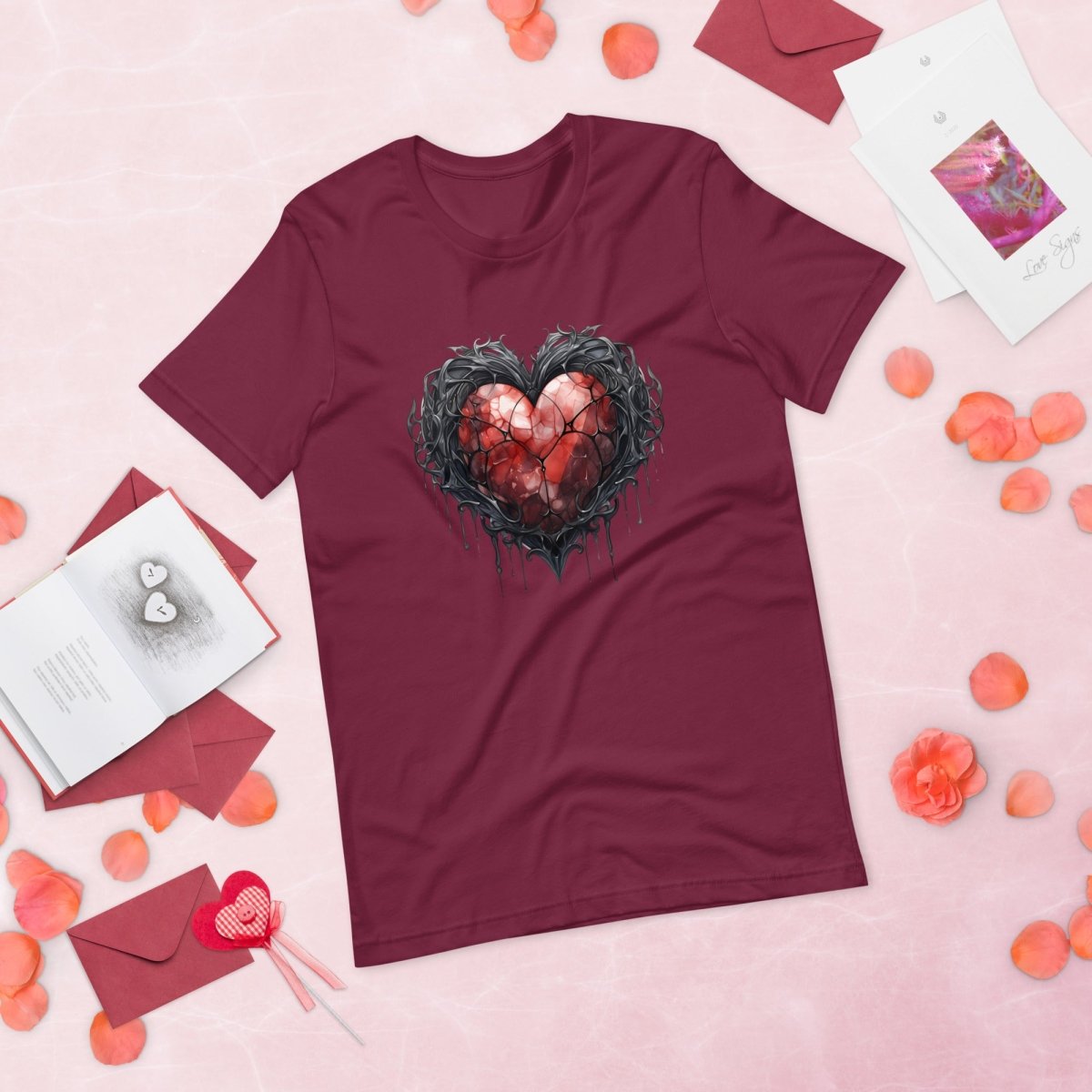 Gothic Metal Heart T-Shirt High Quality Rose Heart Valentines Day Shirt Love Gift for Her Love Tee Gothic Heart Tee Love Shirt Dark Love - Everything Pixel