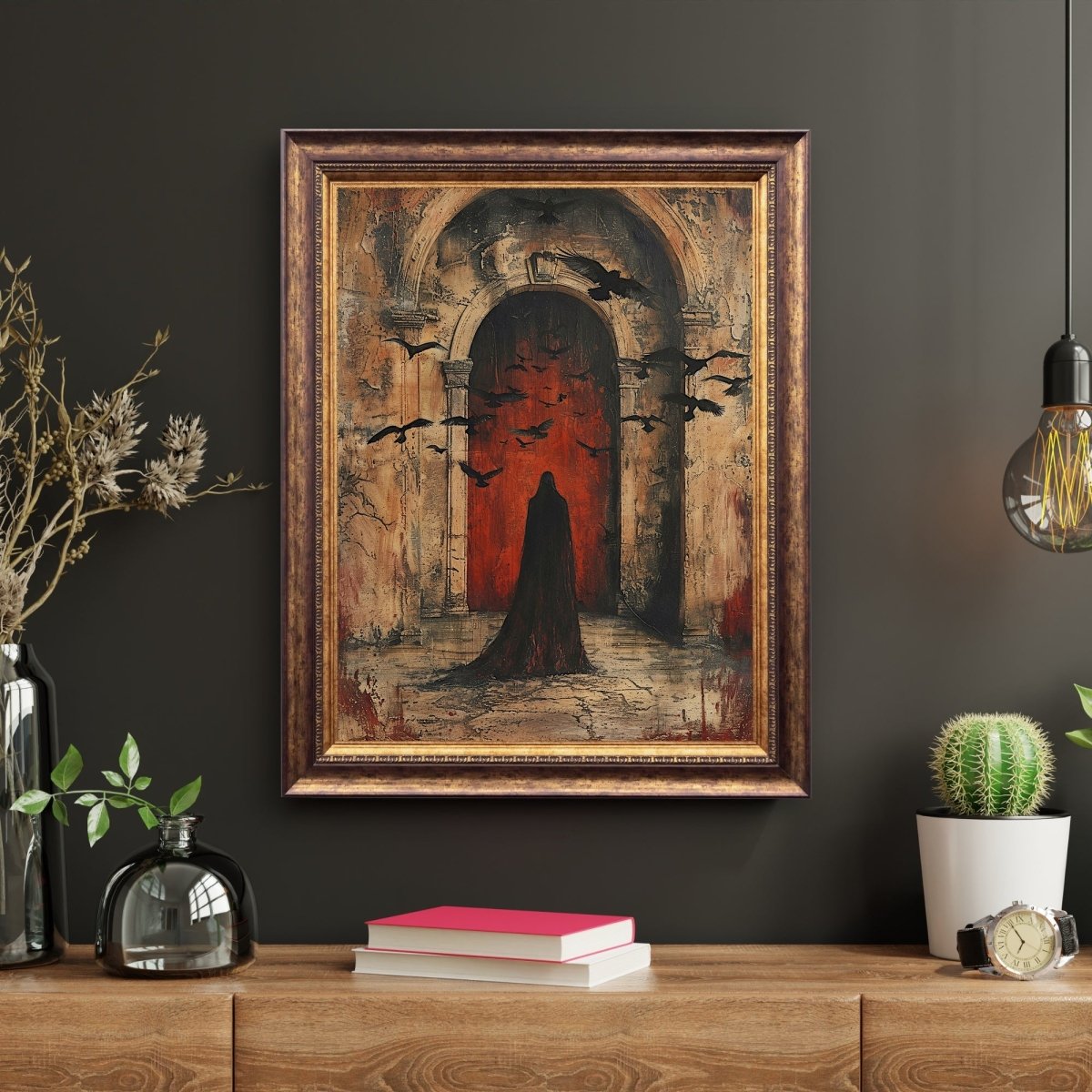 Gothic Stone Portal Wall Art - Raven Fantasy Horror Print - Everything Pixel
