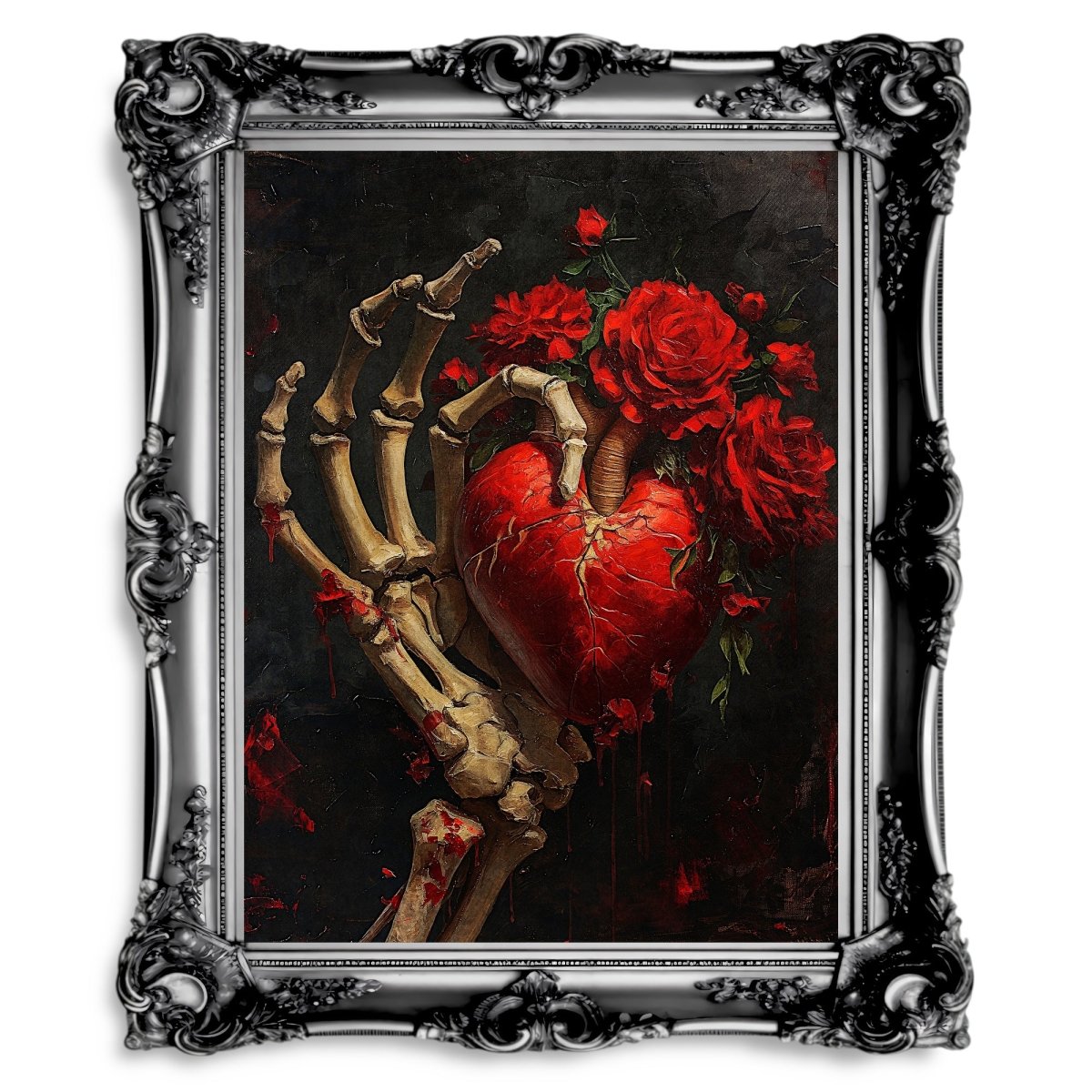 Gothic Valentine Wall Art Antique Oil Painting Skeletal Hand holding Heart and Roses Gothic Decor Goblincore Dark Romance Print Paper Poster Print - Everything Pixel
