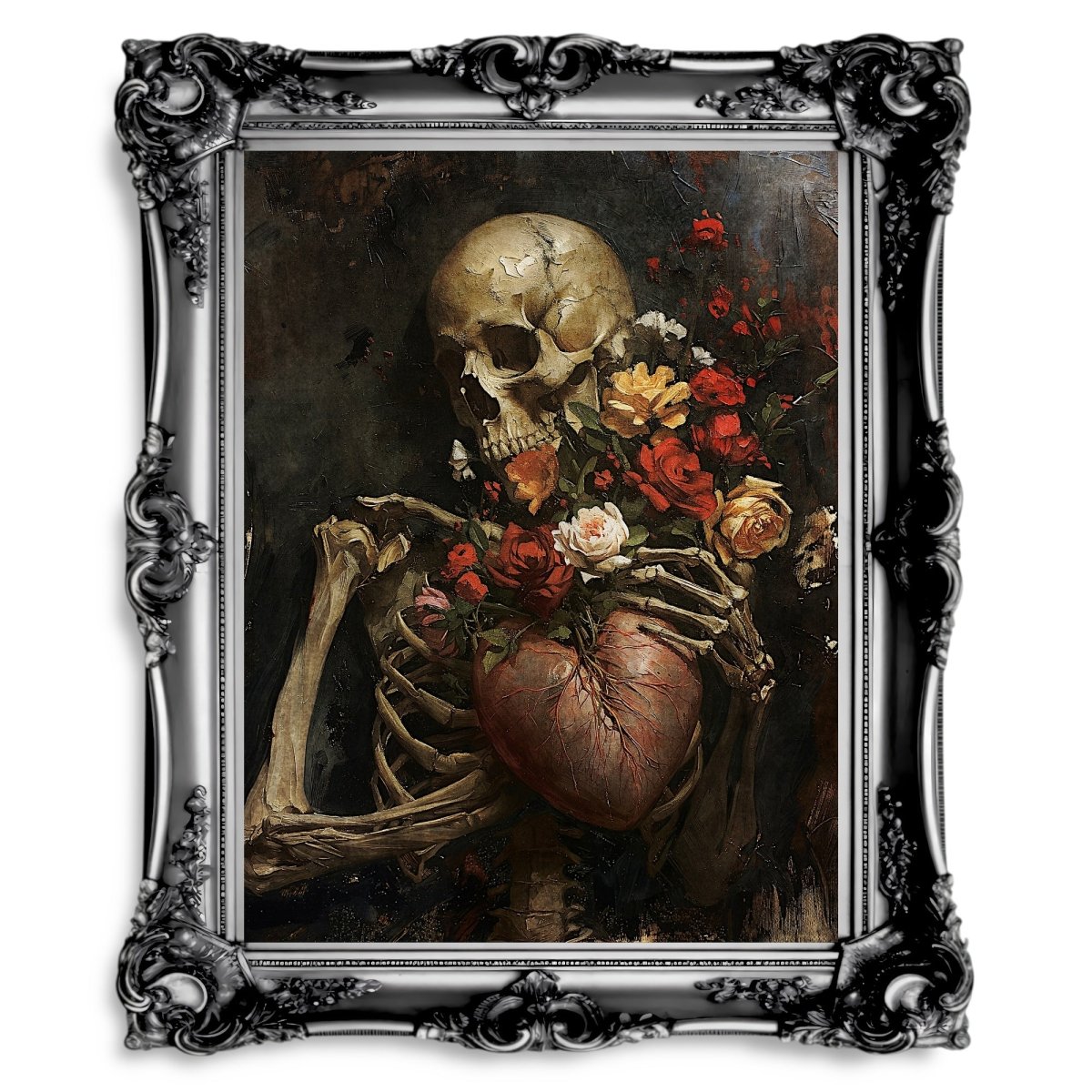 Gothic Valentine Wall Art Antique Skeleton Oil Painting Heart and Roses Dark Gothic Decor Goblincore Decor Dark Romance Print Paper Poster Print - Everything Pixel
