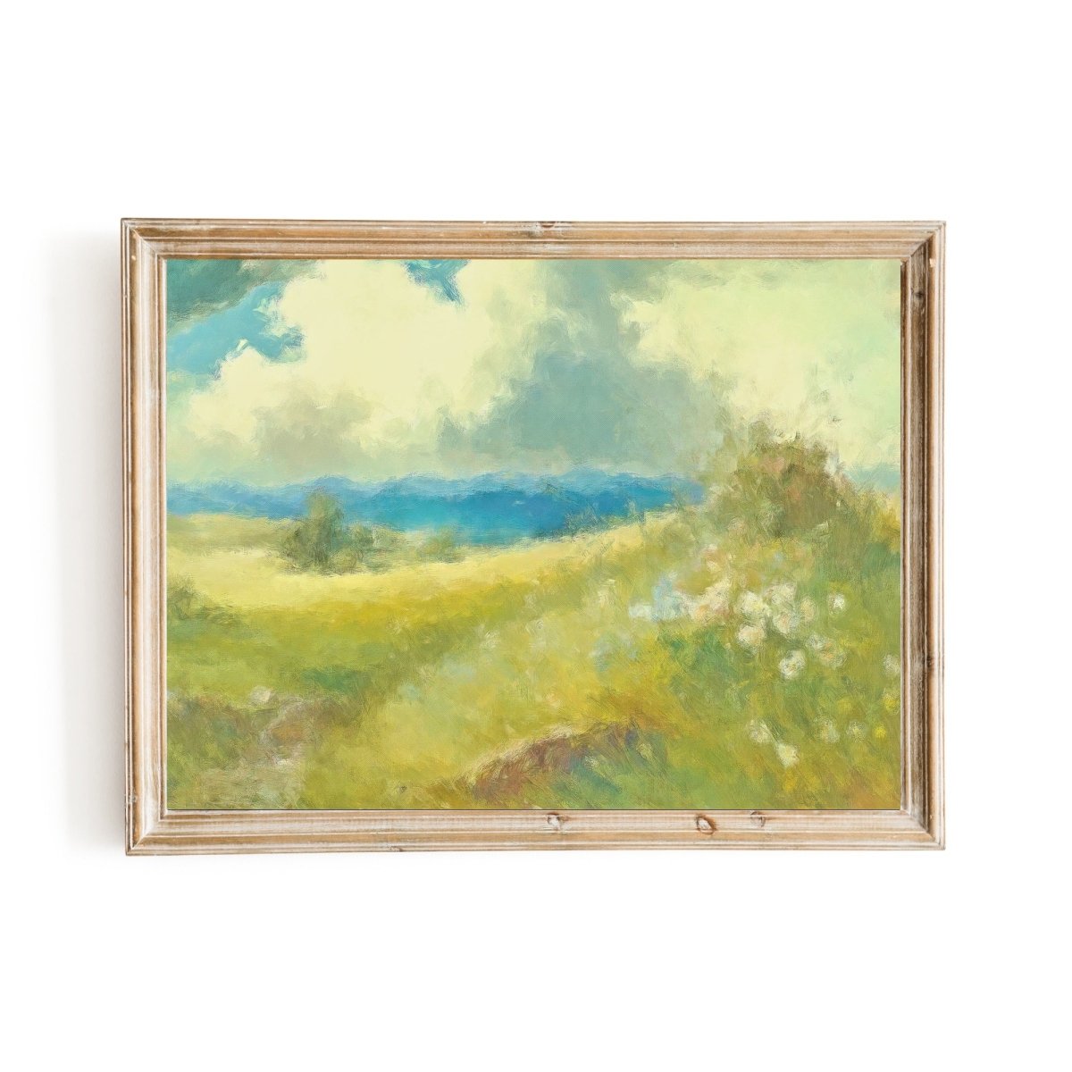 Green Wildflower Meadow Abstract Oil Painting with Majestic Mountains and Vivid Colors - Everything Pixel