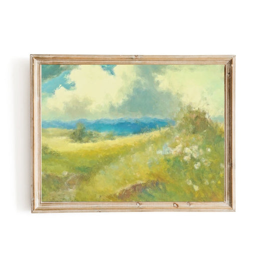 Green Wildflower Meadow Abstract Oil Painting with Majestic Mountains and Vivid Colors - Everything Pixel