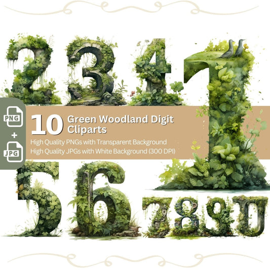 Green Woodland Numbers 10x PNG Clip Art Bundle Fancy Digits - Everything Pixel