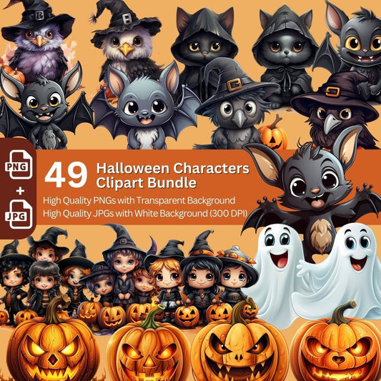 Halloween Character Clipart 49+49 PNG/JPG Bundle Halloween - Everything Pixel