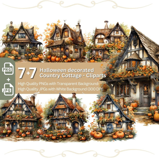 Halloween decorated Cottage Clipart 7+7 PNG Bundle Halloween - Everything Pixel