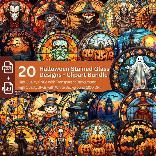 Halloween Stained Glass Cliparts 20x PNG Bundle Gothic Halloween - Everything Pixel