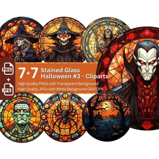Halloween Stained Glass Design 7+7 PNG Clip Art Bundle Gothic Halloween - Everything Pixel