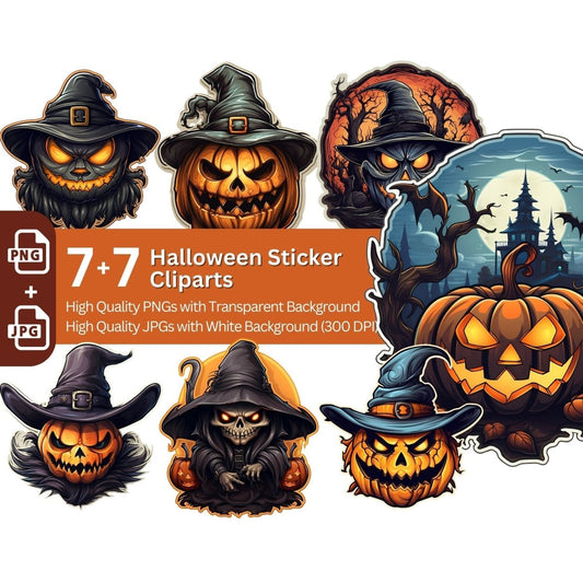 Halloween Sticker Clipart 7+7 PNG/JPG Bundle Spooky - Everything Pixel