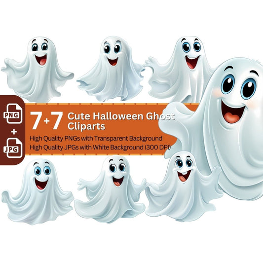 Happy Halloween Ghost 7+7 PNG Clipart Bundle Halloween - Everything Pixel